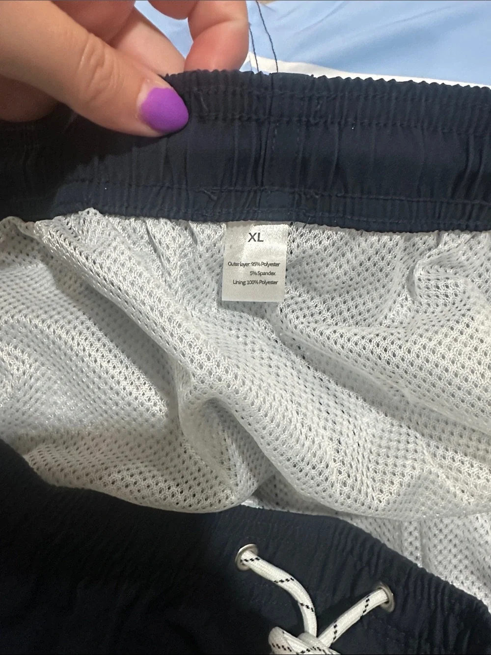 Men's Light Blue Striped Swim Trunks with Navy Waistband